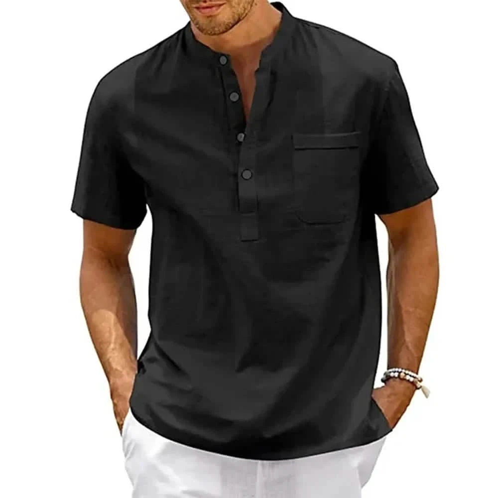 Men's Cotton-Linen Henley Short Sleeve Tee – Breathable Lightweight Casual Top