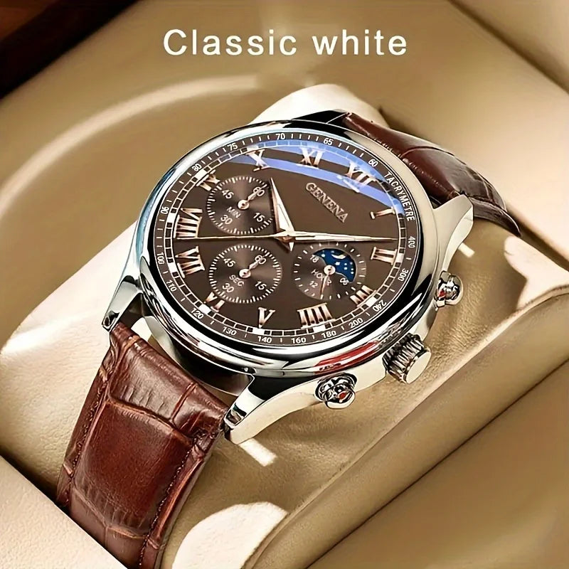 Men's Quartz Leather Strap Watch 40mm Round Alloy Case Roman Numeral Dial Buckle Clasp