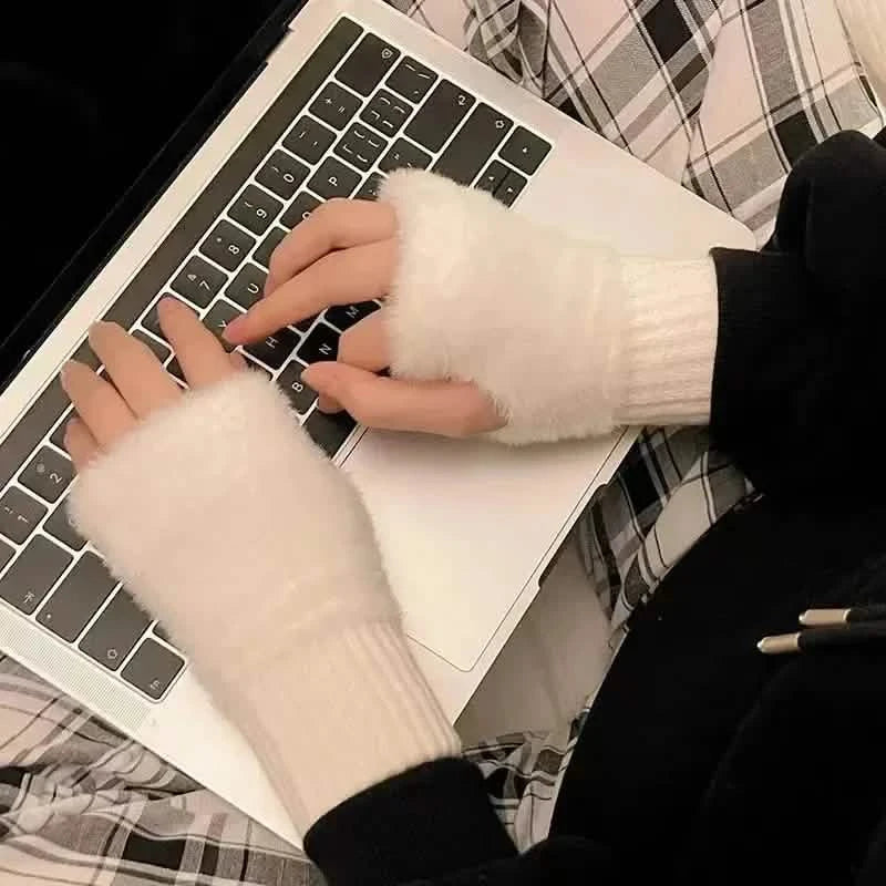 Solid Color Plush Knitted Fingerless Gloves – Warm Half-Finger Winter Gloves for Women