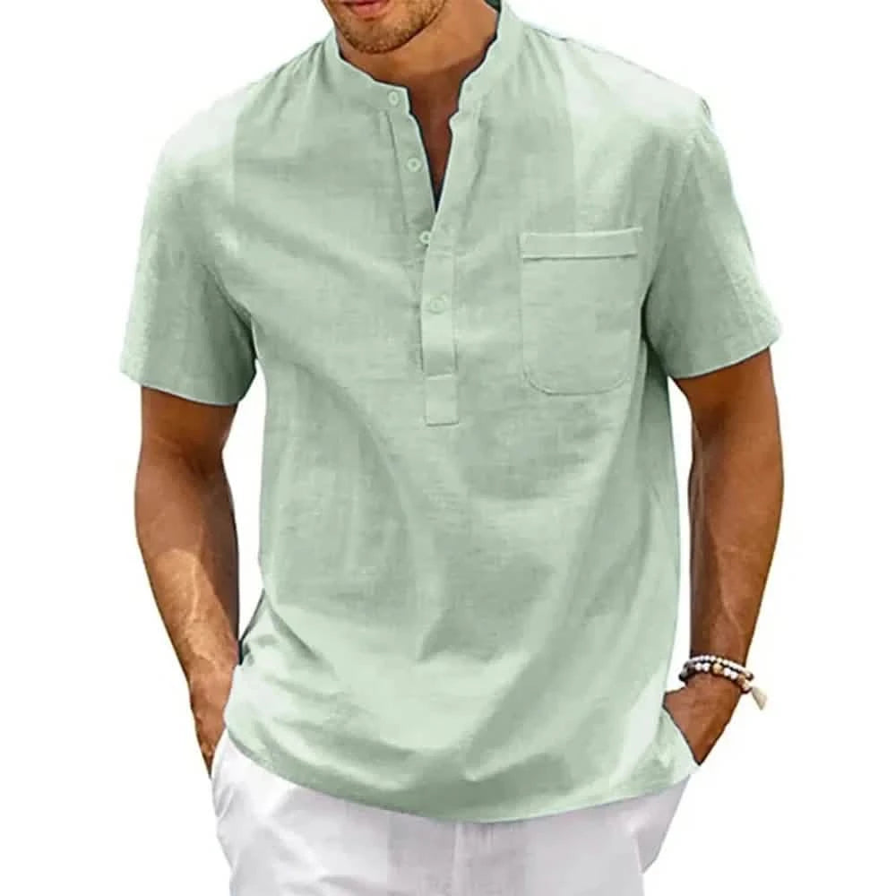 Men's Cotton-Linen Henley Short Sleeve Tee – Breathable Lightweight Casual Top