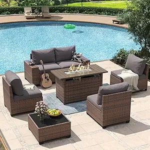 8-Piece Patio Furniture Set with 44" Fire Pit Table, Wicker Rattan Outdoor Sectional Sofa with Coffee Table and Thickened Cushions