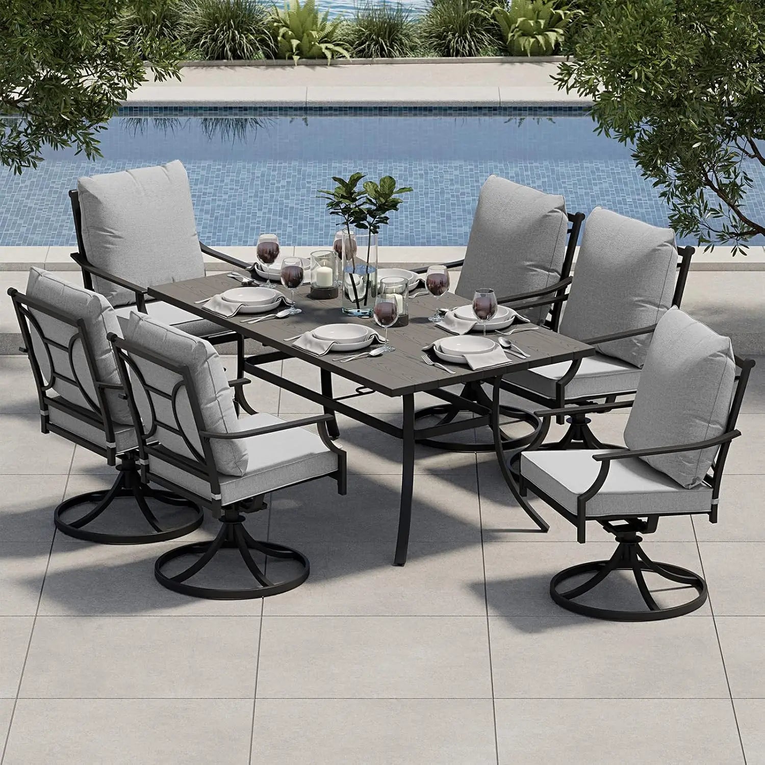 7-Piece Patio Dining Set for 6, Outdoor Swivel Chairs with Olefin Cushions & Black Rectangular Faux Woodgrain Dining Table