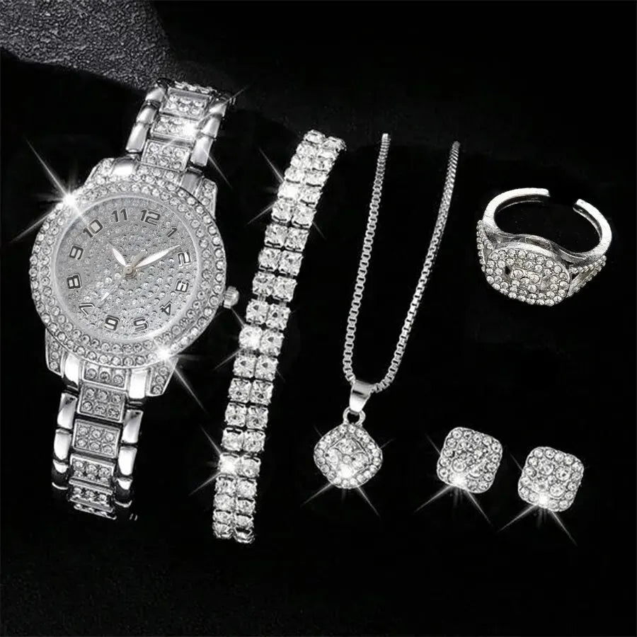 6-Piece Women's Rhinestone Bracelet Quartz Watch Set – Alloy Crystal Wristwatches for Ladies Gift