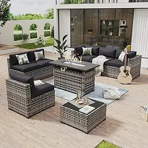 8-Piece Patio Furniture Set with 44" Fire Pit Table, Wicker Rattan Outdoor Sectional Sofa with Coffee Table and Thickened Cushions