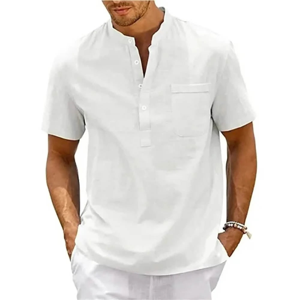 Men's Cotton-Linen Henley Short Sleeve Tee – Breathable Lightweight Casual Top