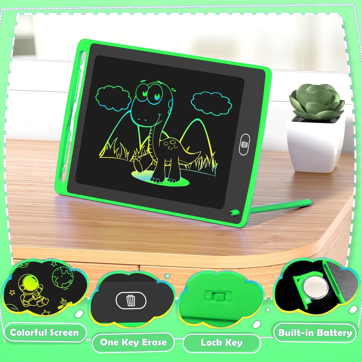 Green LCD writing tablet standing on a desk with a rainbow dinosaur drawing, stylus and erase button