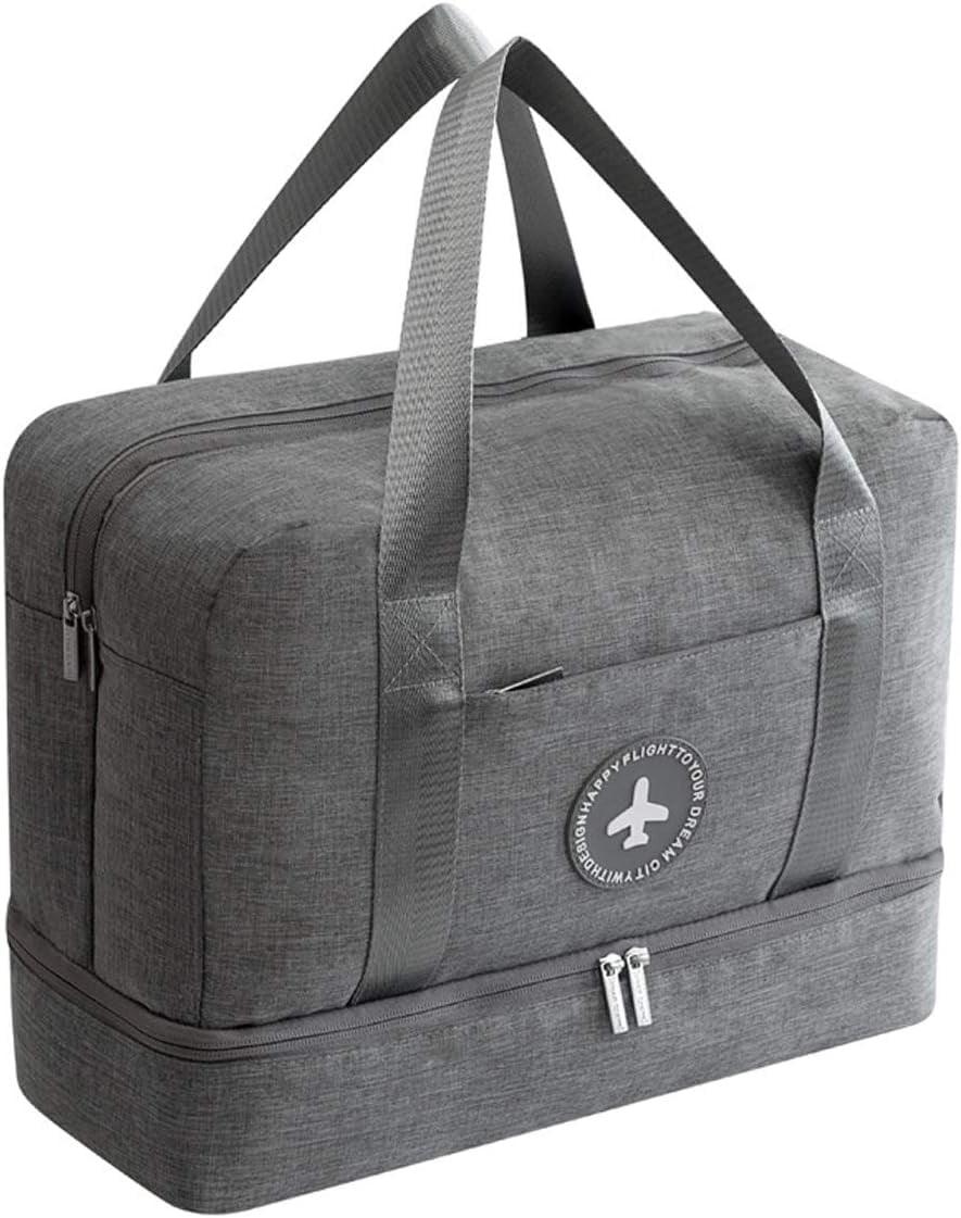 Gray travel duffel bag with separate base compartment