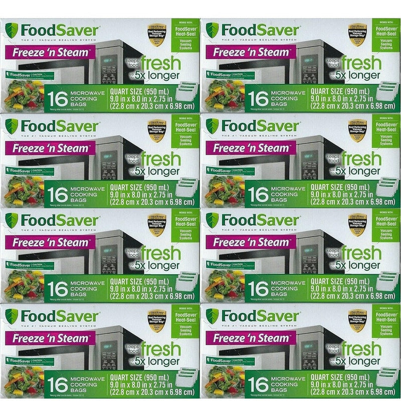 FoodSaver 1-Quart Freeze 'n Steam Microwavable Single-Cooking Bags, 16 Count, Clear (Pack of 8)