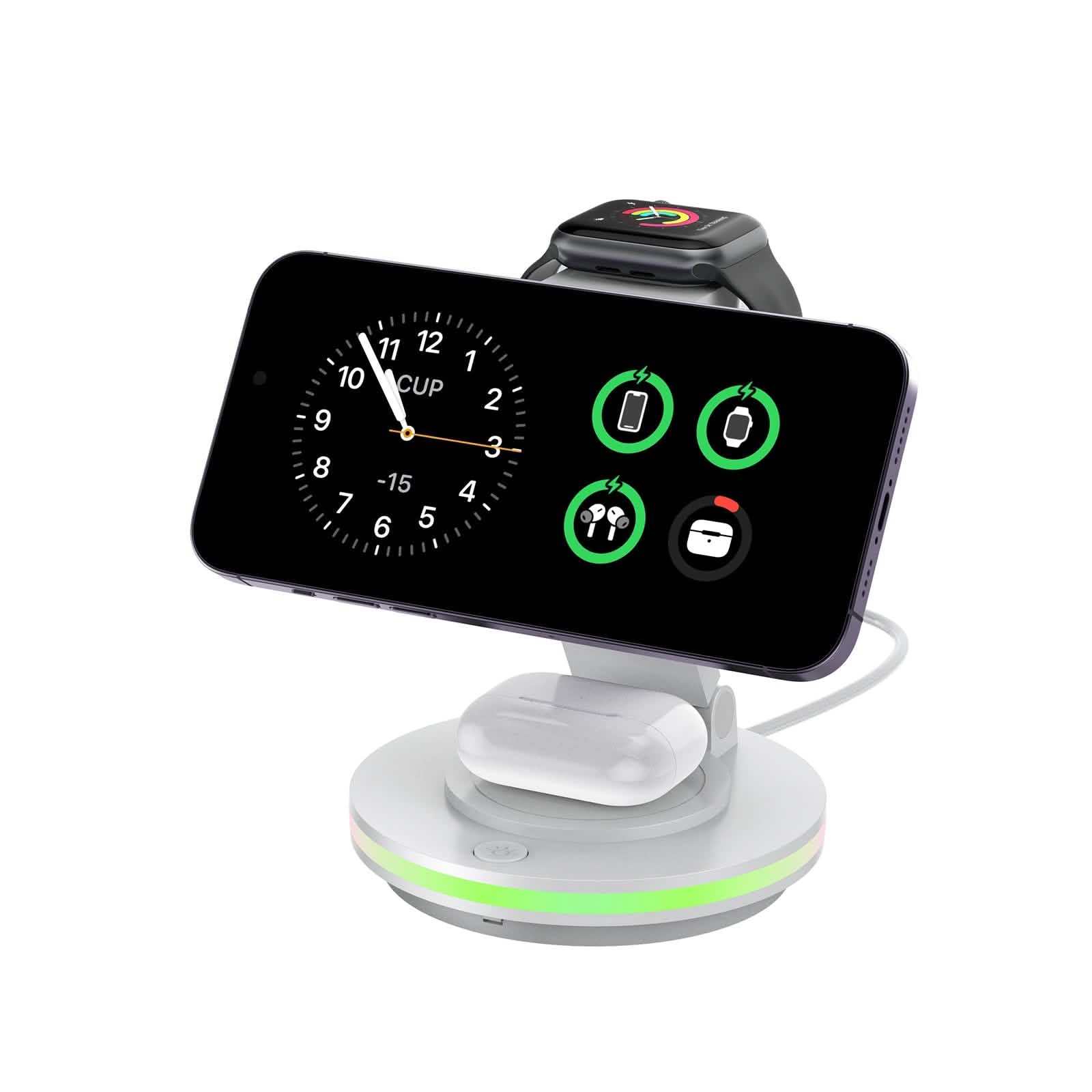 Foldable 4-in-1 Magnetic Wireless Charging Station with 7-Color Night Light for iPhone, Apple Watch & AirPods