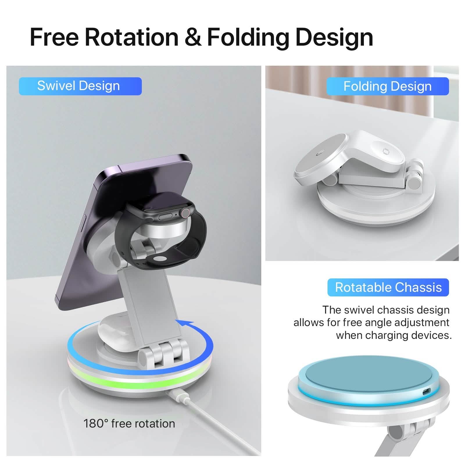Foldable 4-in-1 Magnetic Wireless Charging Station with 7-Color Night Light for iPhone, Apple Watch & AirPods