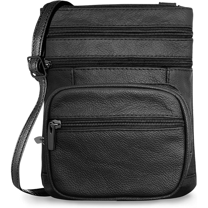 Black genuine leather crossbody bag with zip front pockets and adjustable strap