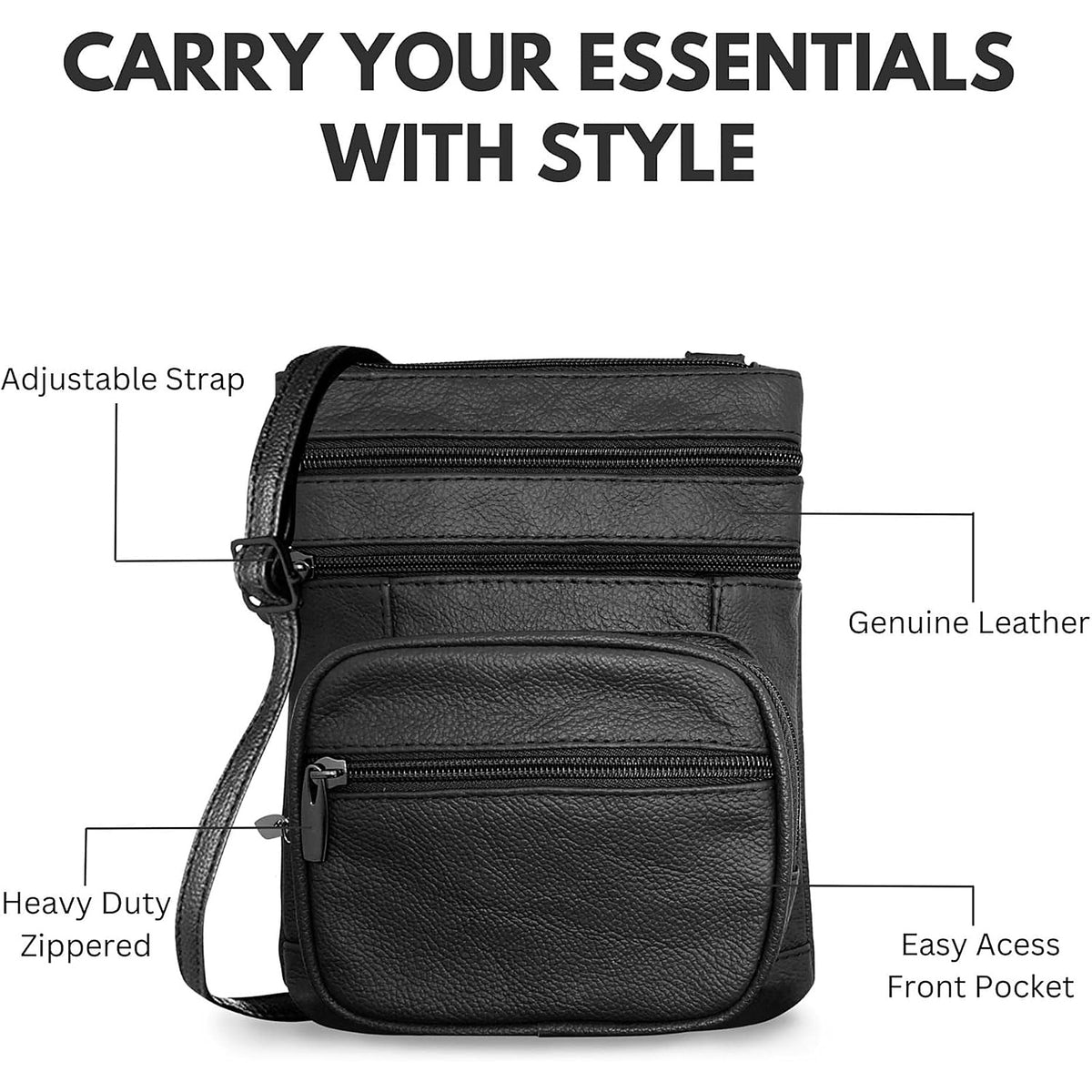 Features labeled on the black leather crossbody bag: adjustable strap, genuine leather, heavy duty zippers, easy access front pocket