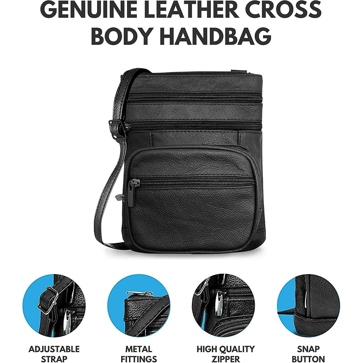 Close-ups of the adjustable strap, metal fittings, zipper and snap button