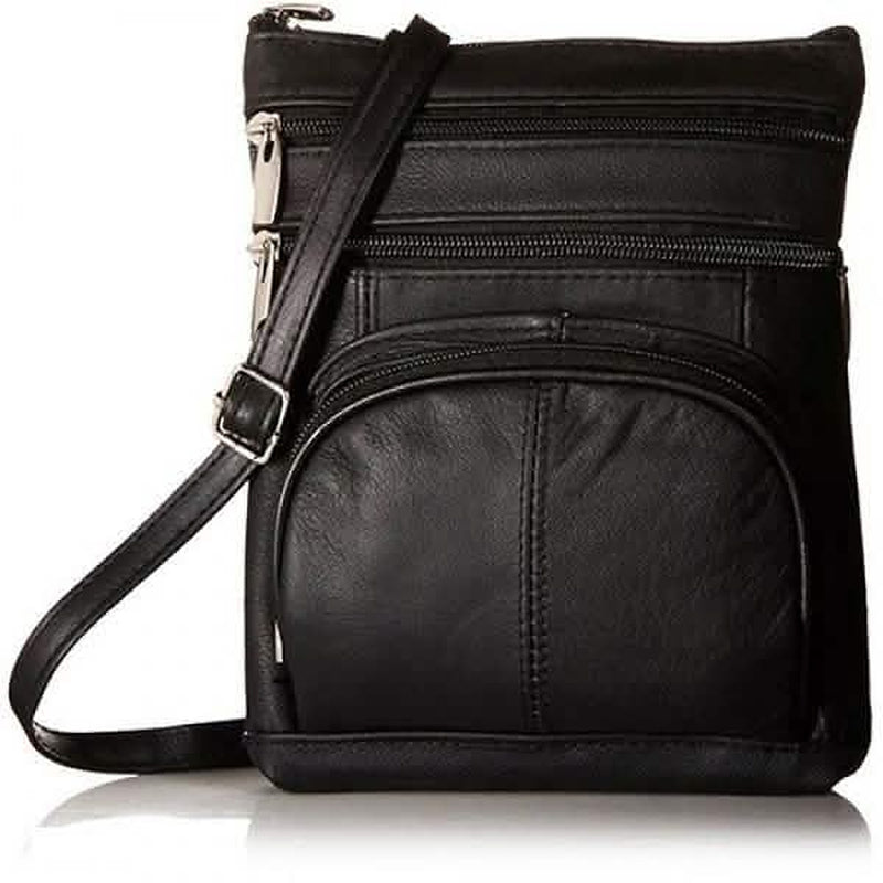 Black genuine leather multi-pocket crossbody bag