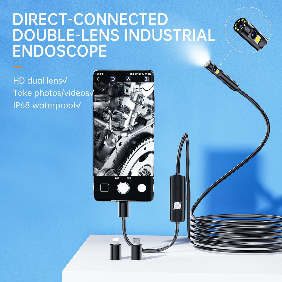 Endoscope plugged into a phone showing a live engine view on screen, with the cable coiled beside it