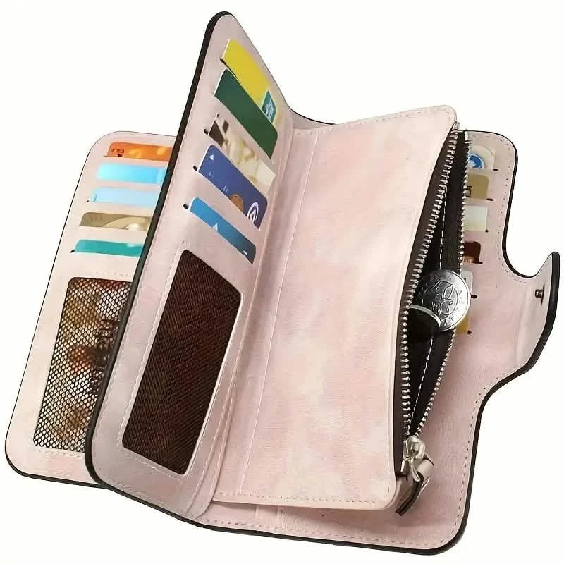 Vintage Faux Leather Long Wallet – Trifold Credit Card Holder with Snap & Zipper