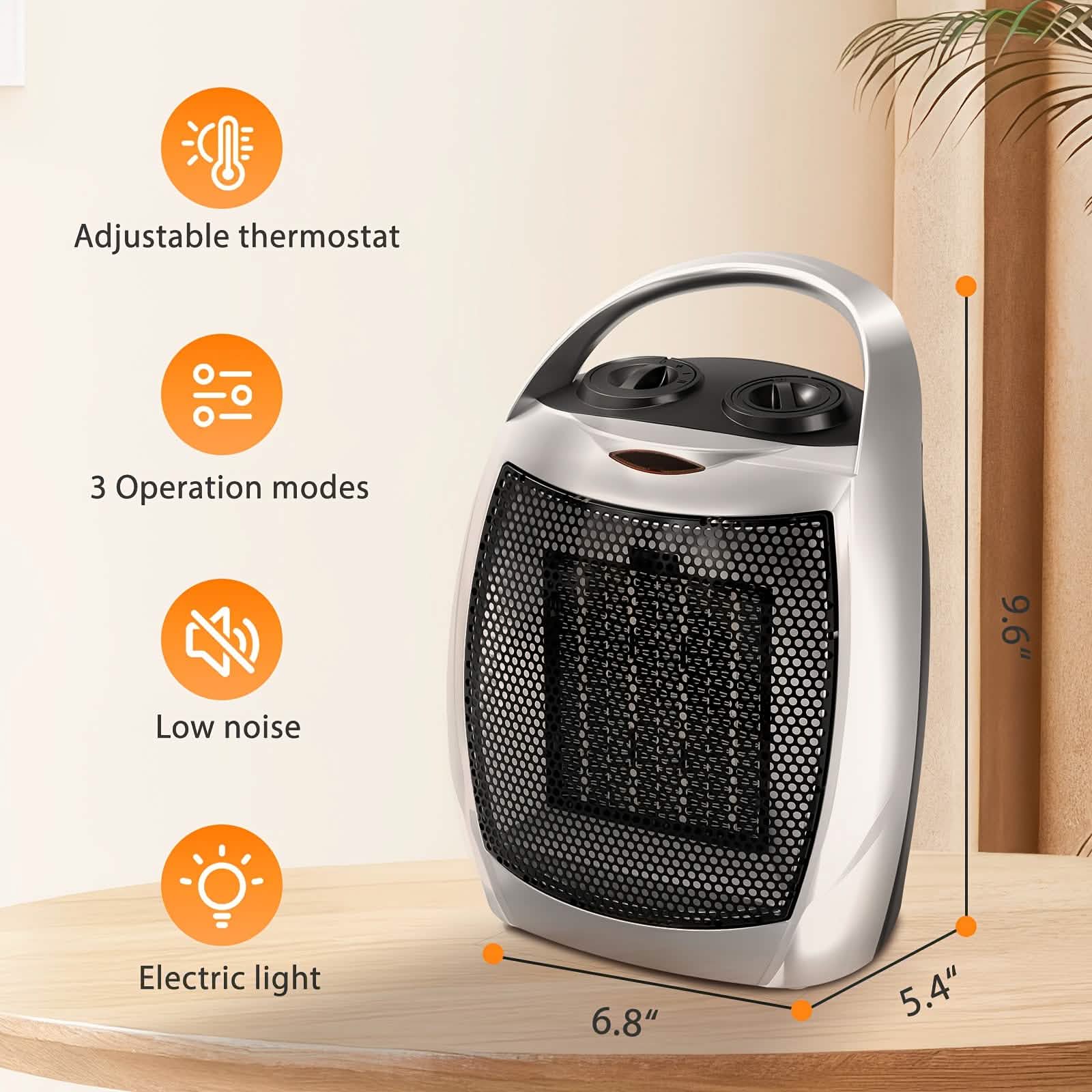 1500W Portable Ceramic Space Heater with Thermostat & Safety Protection with Carry Handle