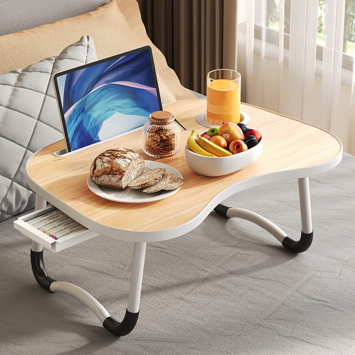 Portable Foldable Laptop Bed Table with Tray & Cup Holder-Walnut