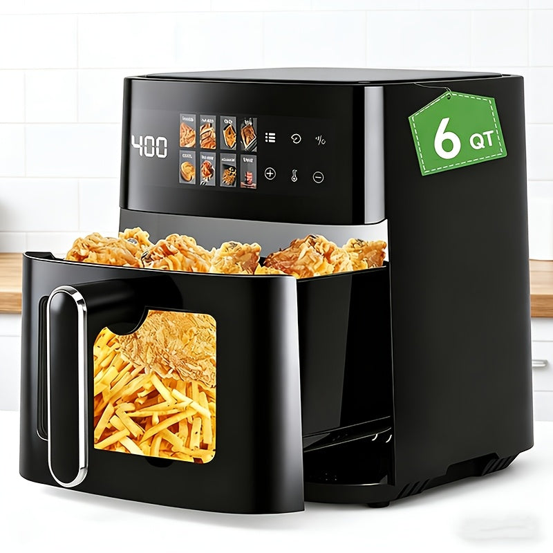 Black 6 quart digital air fryer with touch screen and basket of fries
