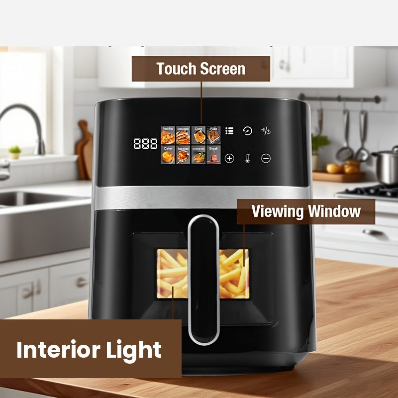Air fryer with touch screen, viewing window and interior light labelled