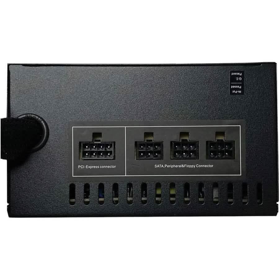 Closeup of ports of Apevia ATX-ES600W Essence 600W ATX Semi-Modular Gaming Power Supply with Auto-Thermally Controlled (Refurbished)