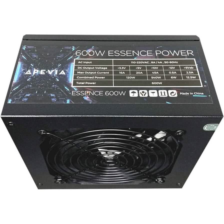 Angled-top view showing specifications of Apevia ATX-ES600W Essence 600W ATX Semi-Modular Gaming Power Supply with Auto-Thermally Controlled (Refurbished)