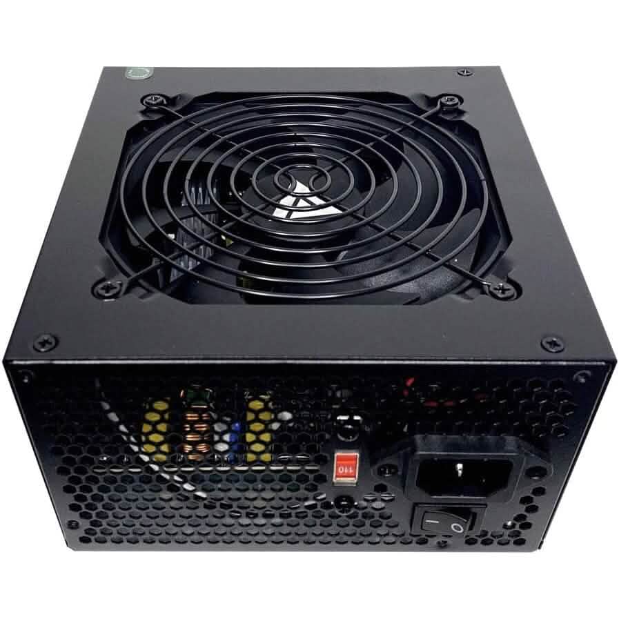 Angled-top view of Apevia ATX-ES600W Essence 600W ATX Semi-Modular Gaming Power Supply with Auto-Thermally Controlled (Refurbished) showing its ports