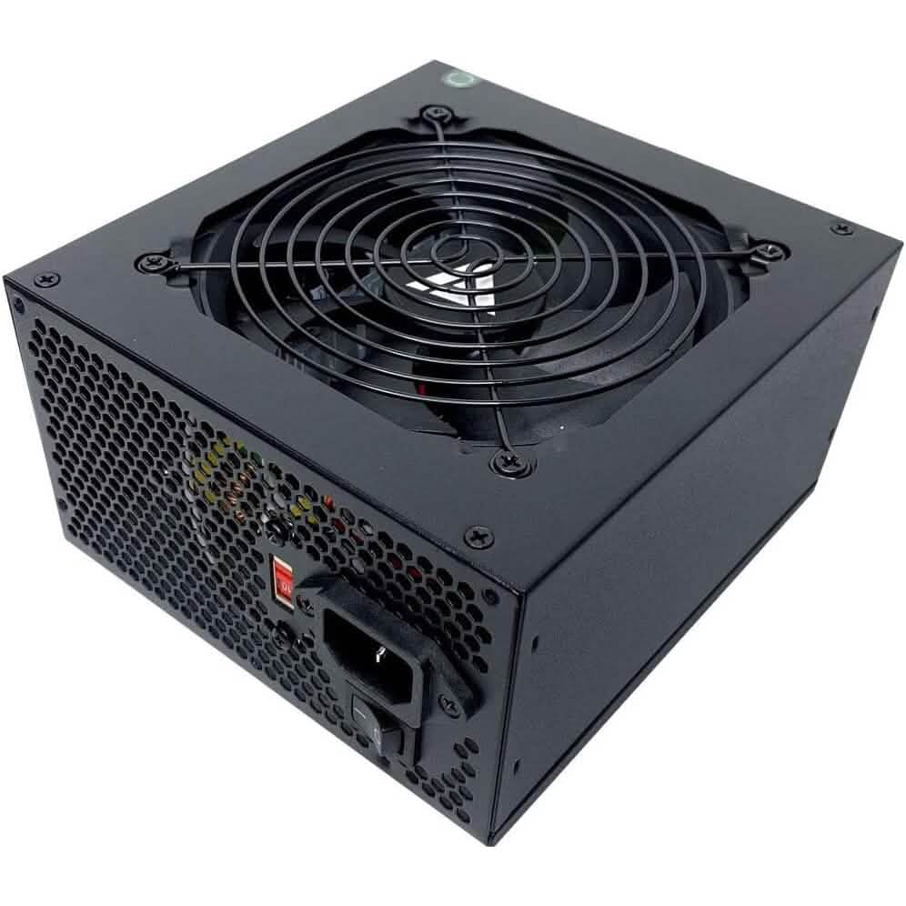 Angled-front view of Apevia ATX-ES600W Essence 600W ATX Semi-Modular Gaming Power Supply with Auto-Thermally Controlled (Refurbished)