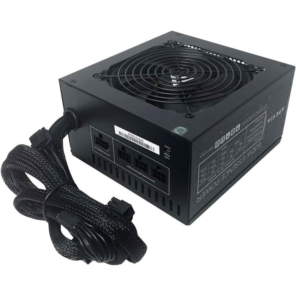 Back-angled view of Apevia ATX-ES600W Essence 600W ATX Semi-Modular Gaming Power Supply with Auto-Thermally Controlled (Refurbished) showing its ports, available at Dailysale