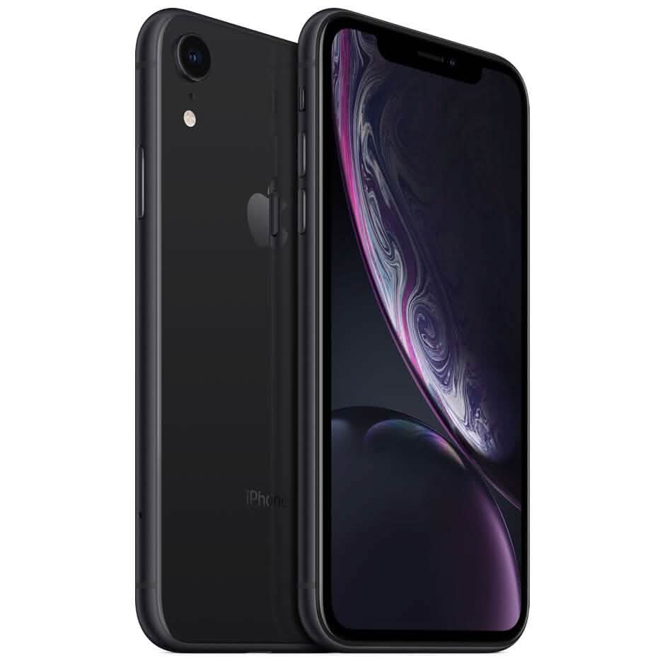 Angled view of front and back of Apple iPhone XR - Fully Unlocked (Refurbished) in black