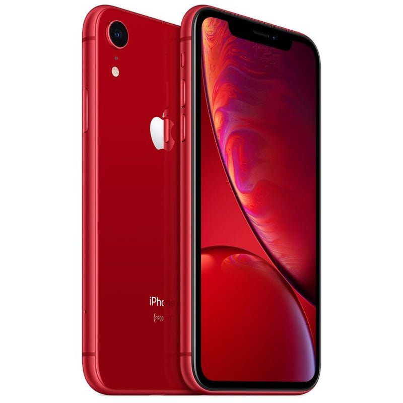 Angled view of front and back of Apple iPhone XR - Fully Unlocked (Refurbished) in red