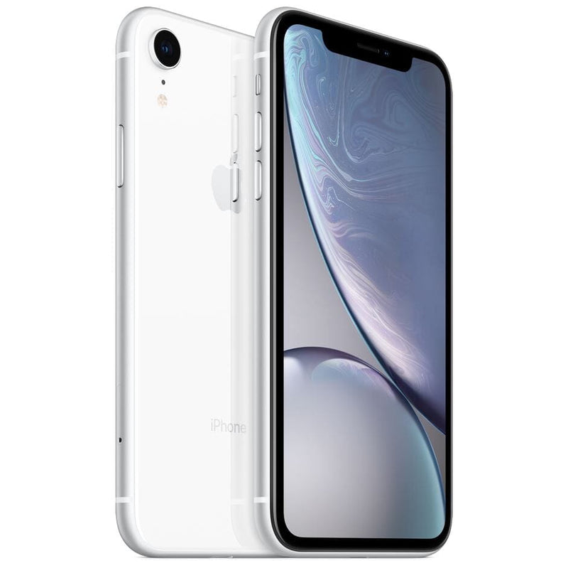 Angled view of front and back of Apple iPhone XR - Fully Unlocked (Refurbished) in white