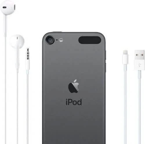 Back view of Apple iPod Touch 7th Generation (Refurbished) in grey next to charging wire and wired headphones
