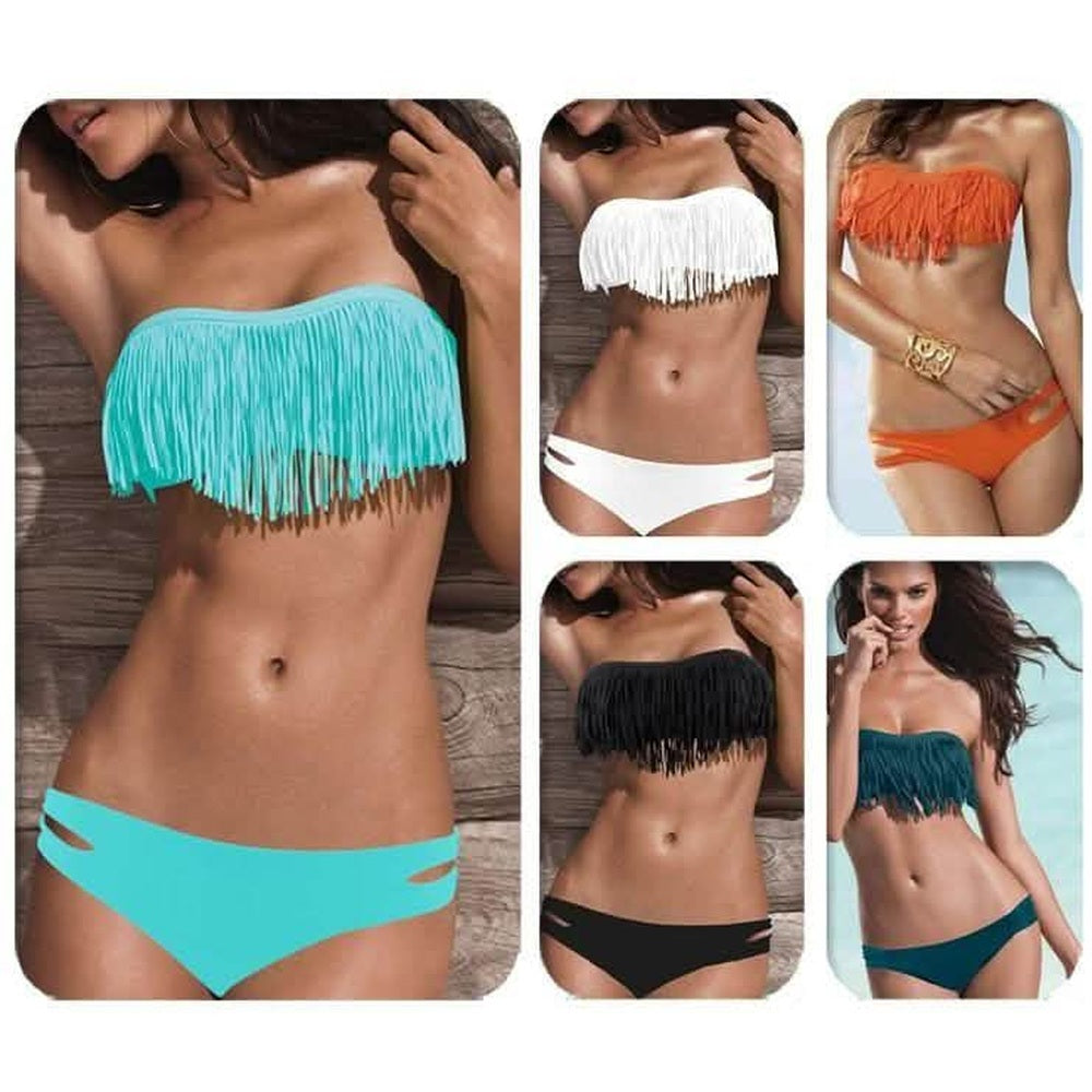 Fringe bikini swimwear shown in all available colours