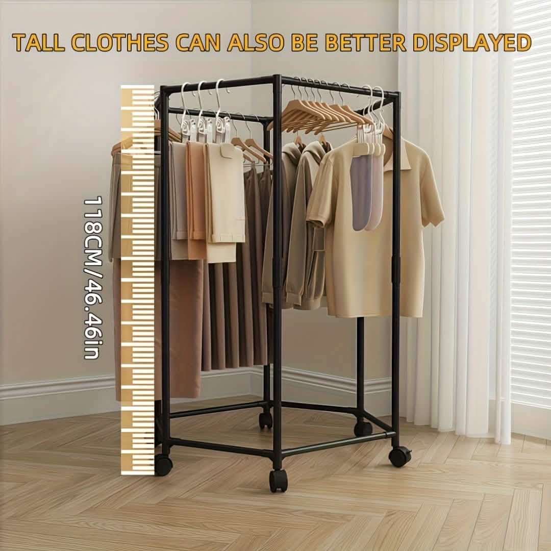 360° Rotating Freestanding Clothing Rack – Hexagonal Carbon Steel Organizer with Wheels