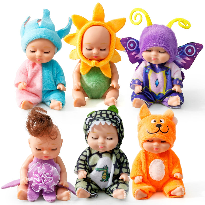 All six dolls lined up in their outfits