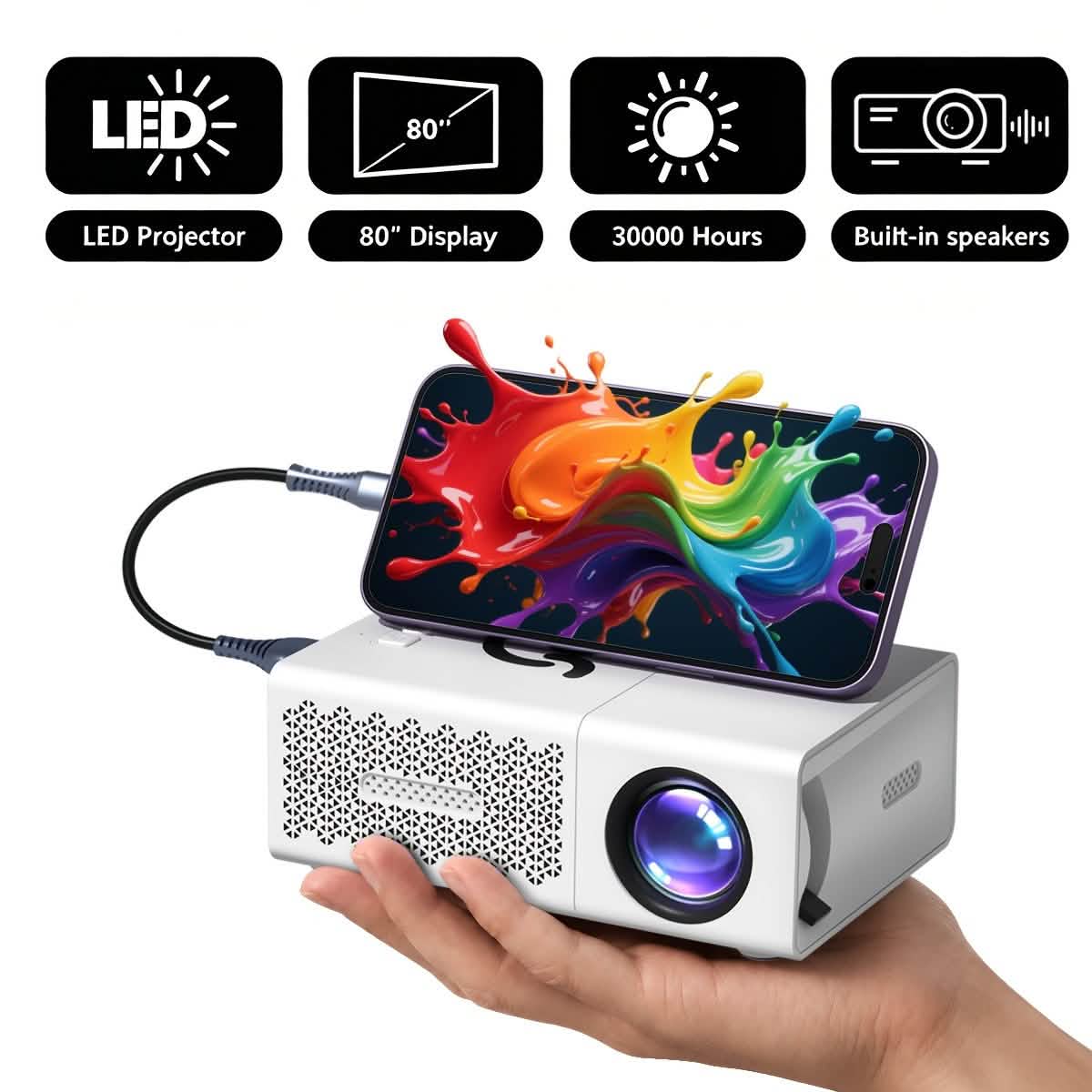 LED projector, 80 inch display, 30,000 hours, built-in speakers