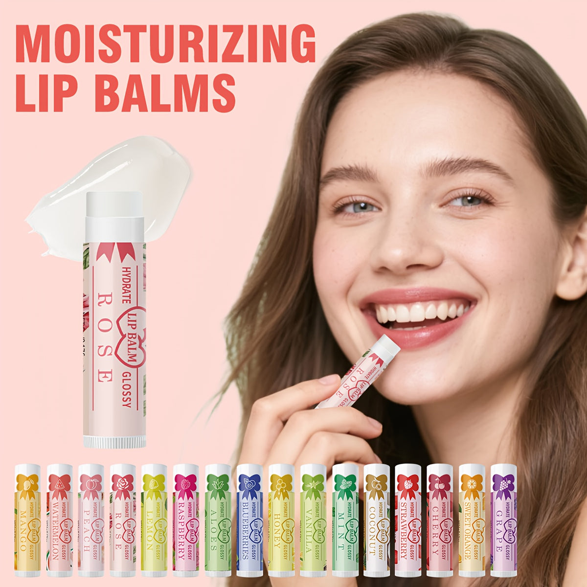 A rose flavored balm held up, with a row of the other flavors below