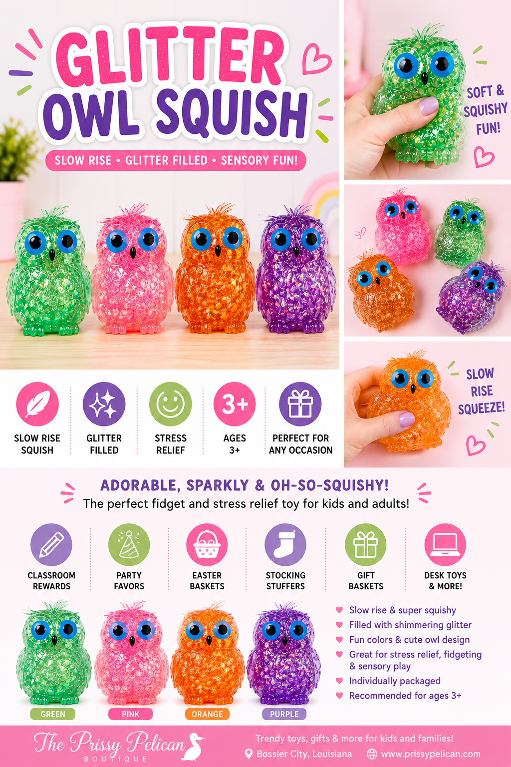 Glitter Crystal Owl Squishy Toy | Slow Rise Sensory Fidget | Stress Relief Squeeze Toy for Kids & Adults