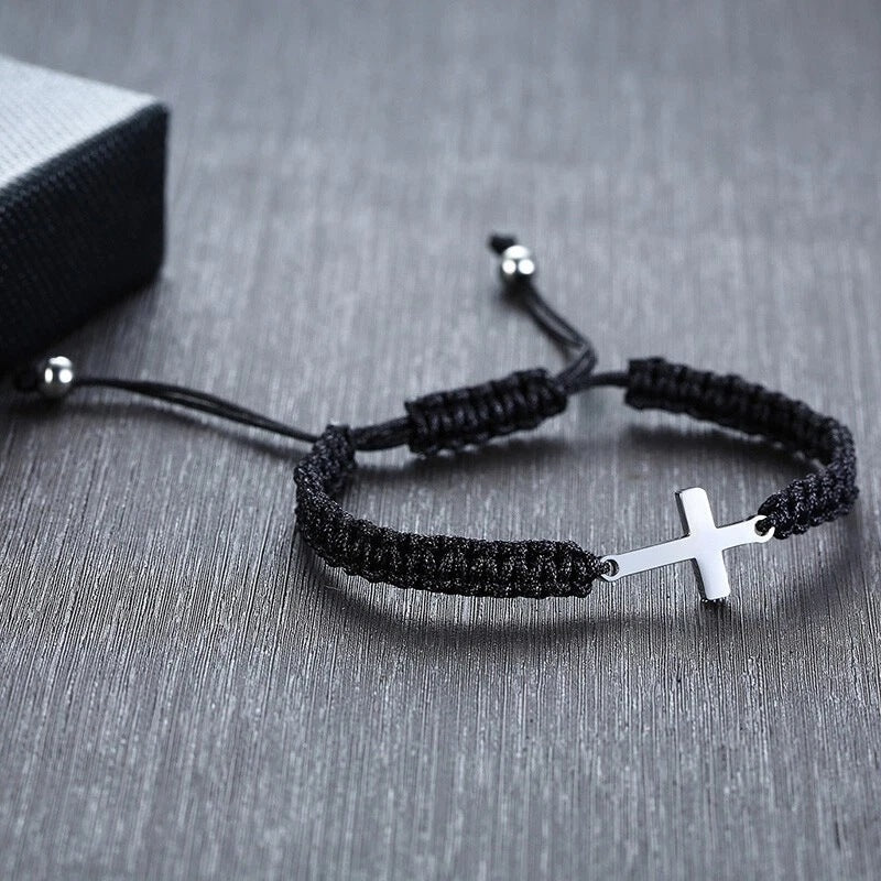 Angled view of the braided cord and stainless steel cross