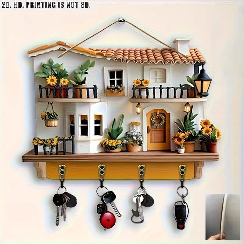 Sunflower Cottage Wooden Key Holder – 4 Hooks, Wall Decor (Boho Style)