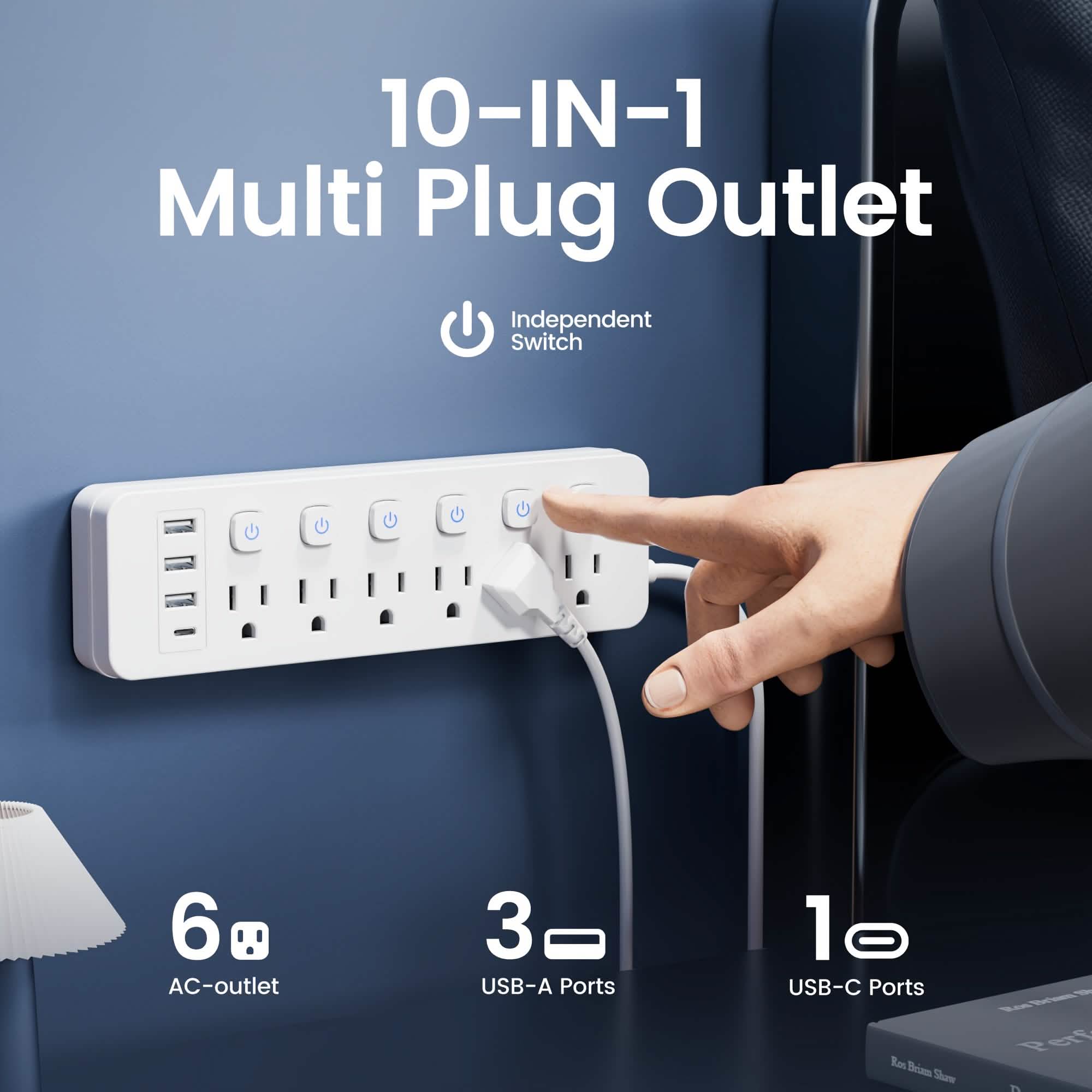 10-in-1 Multi-Outlet Power Strip – 6 AC, 3 USB-A, 1 Type-C