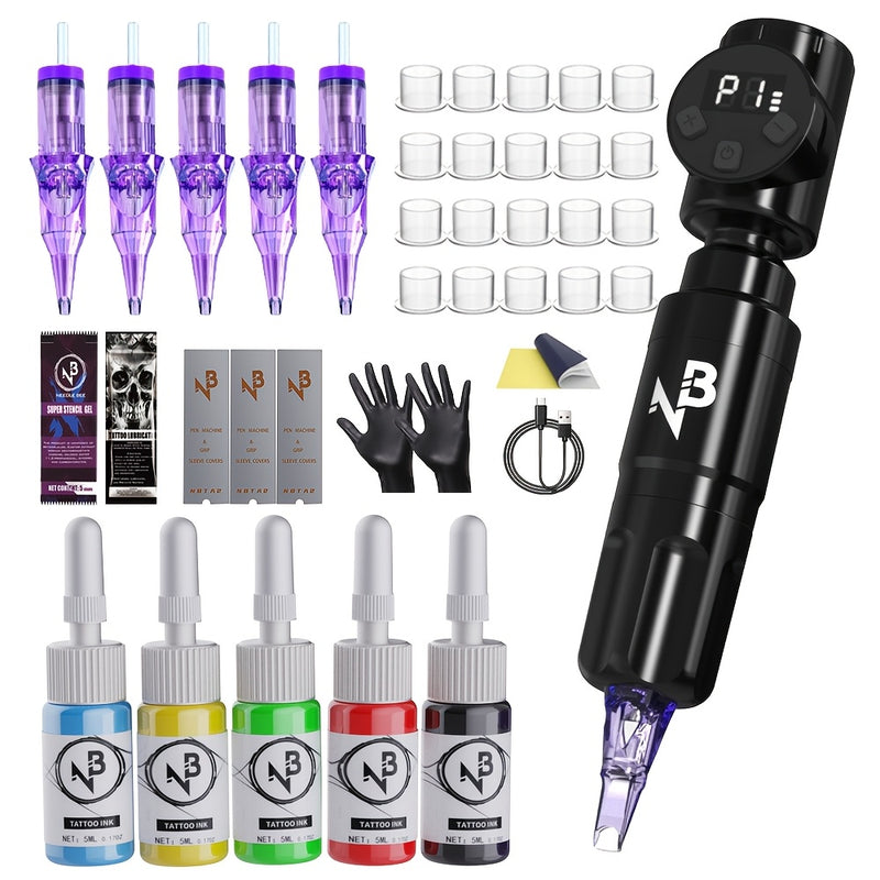 Complete wireless tattoo kit contents: machine, five needle cartridges, five ink bottles, ink caps, gloves, stencil gel and charging cable