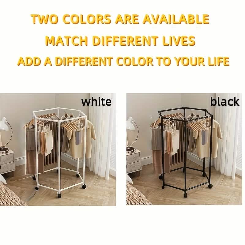 360° Rotating Freestanding Clothing Rack – Hexagonal Carbon Steel Organizer with Wheels
