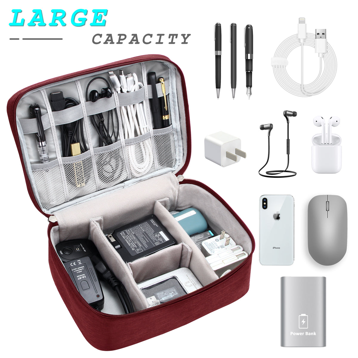 Large capacity shown with chargers, earbuds, phone, mouse and power bank