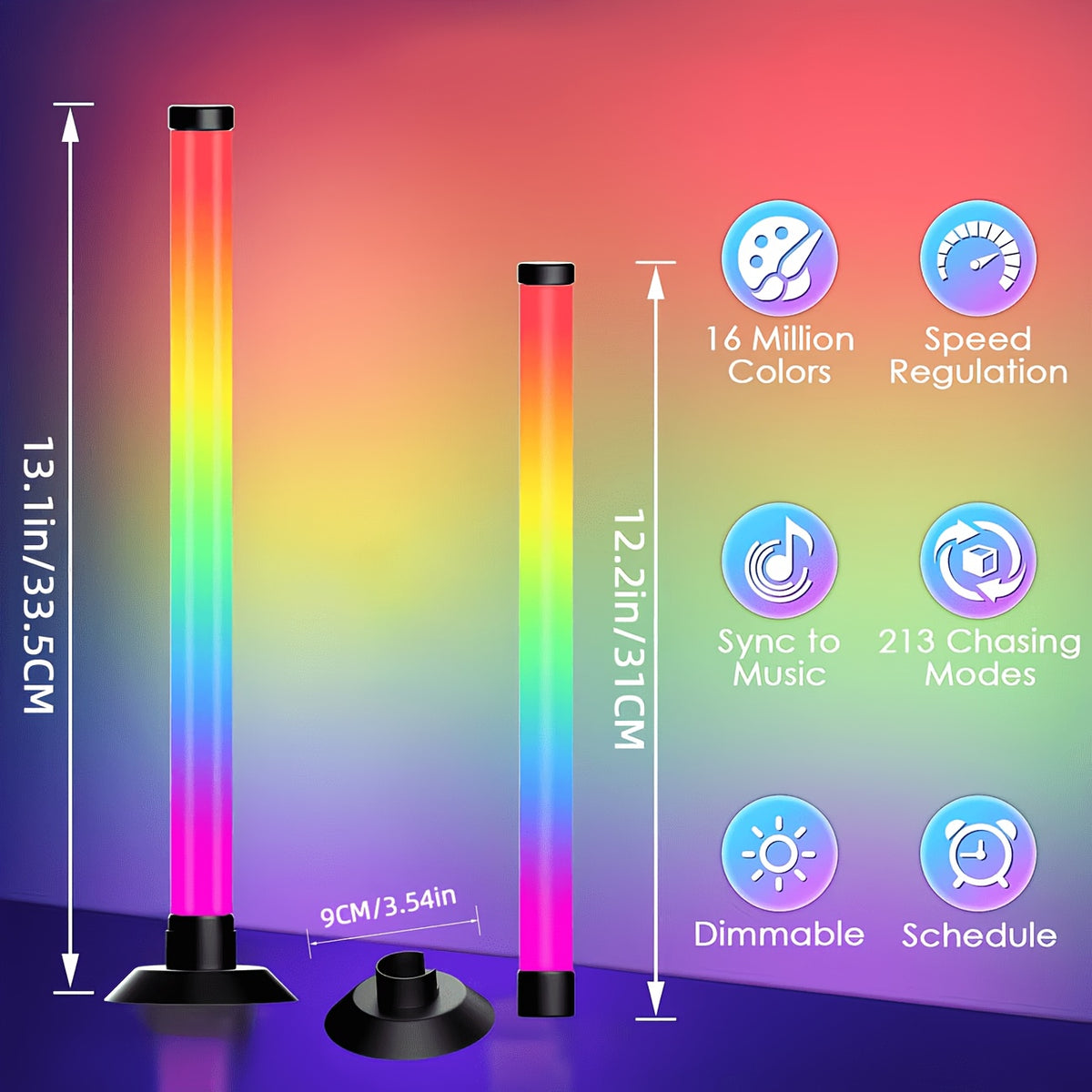 Dimensions: 33.5 centimeters tall with the base, 31 centimeter bar, 9 centimeter base, with 16 million colors, music sync and 213 chasing modes