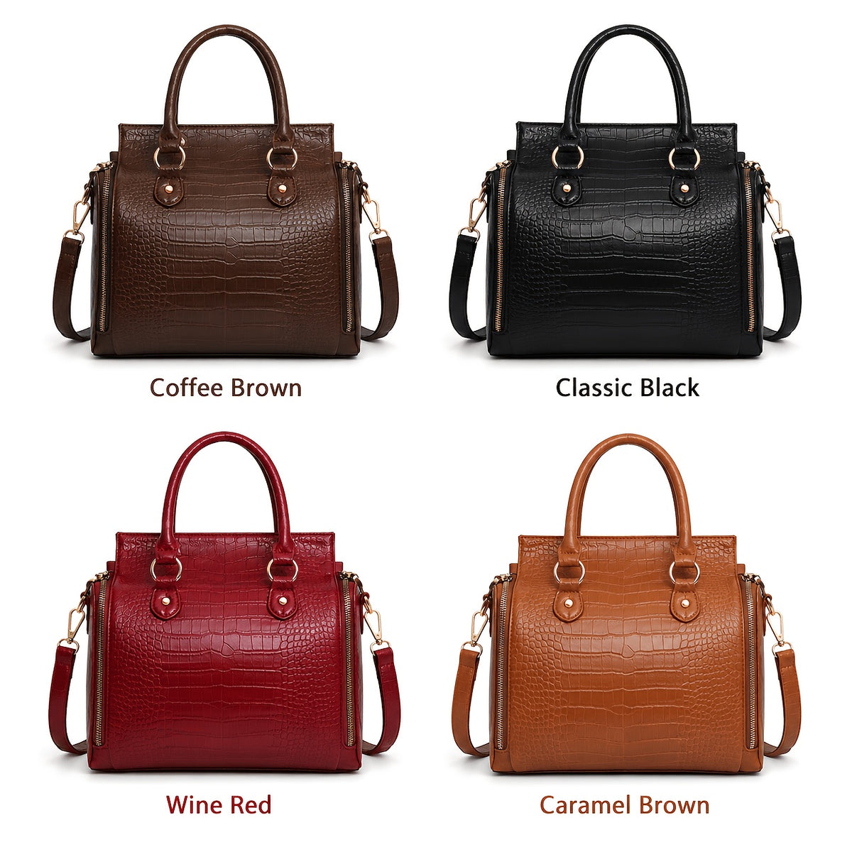 Vintage top handle handbag in Coffee Brown, Classic Black, Wine Red and Caramel Brown