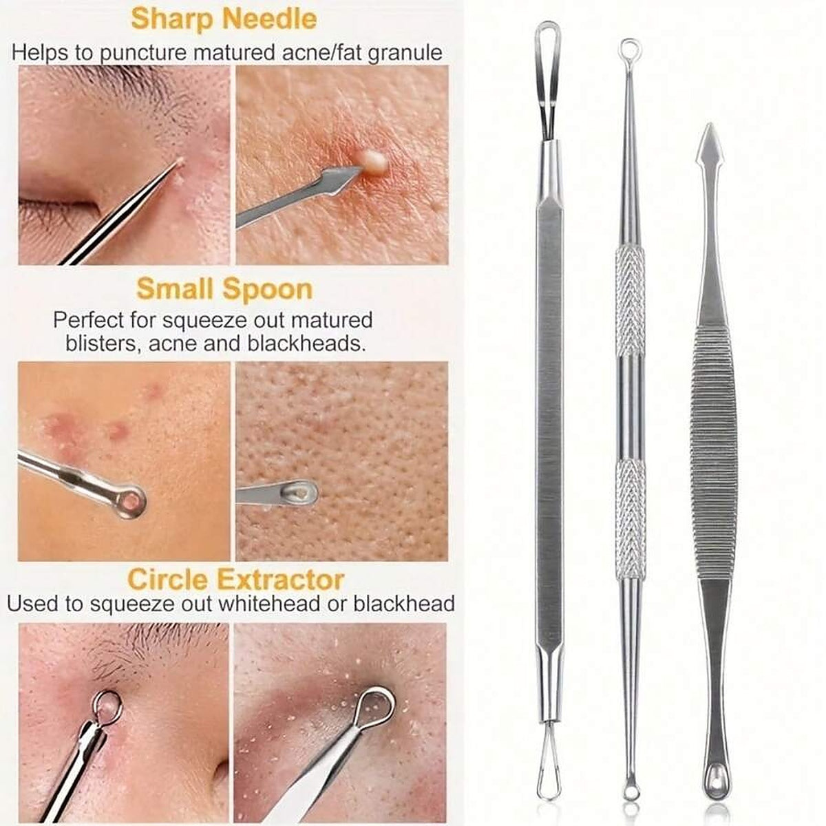 Close-up of the sharp needle, small spoon and circle extractor with what each is for