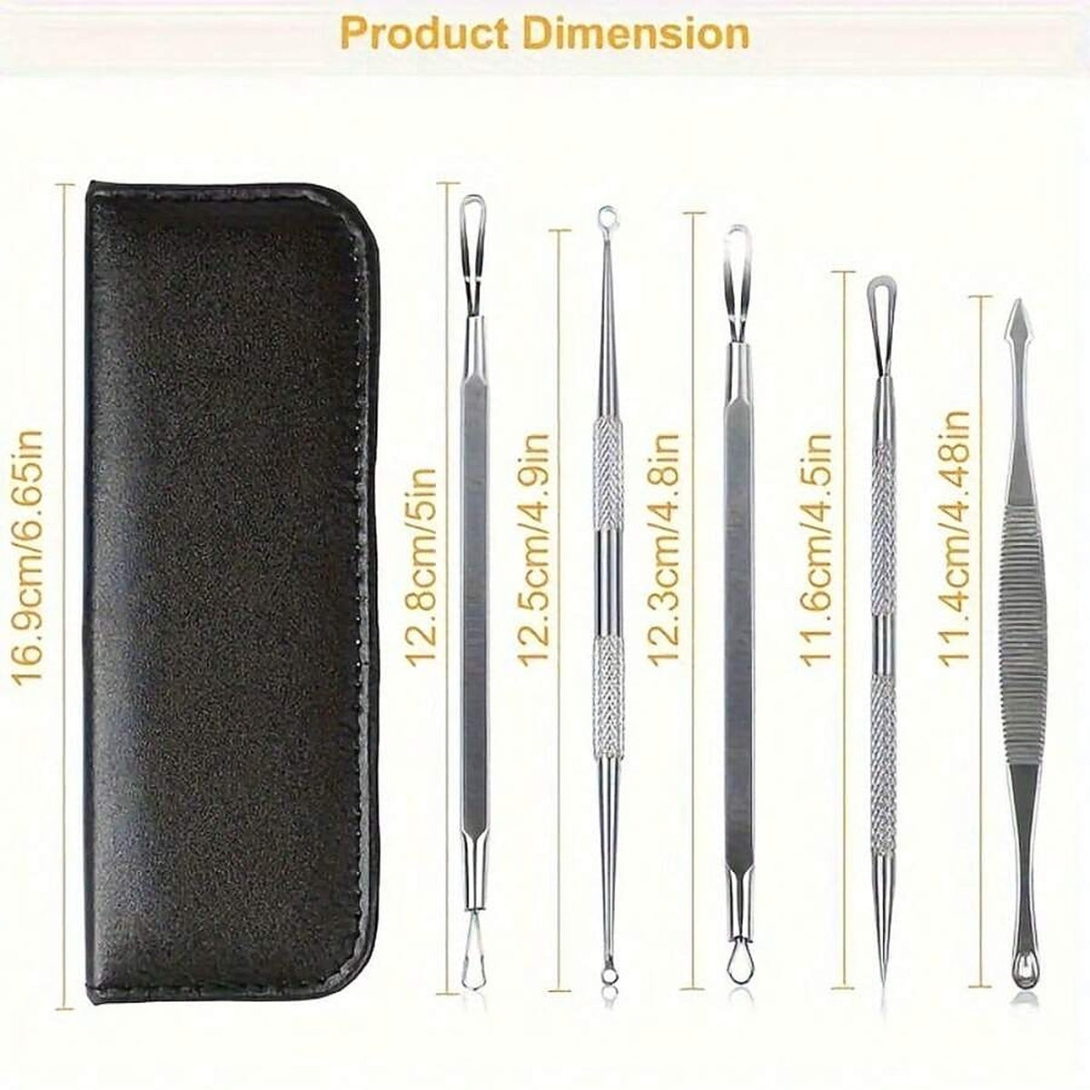 Size diagram showing the length of each of the five tools and the case