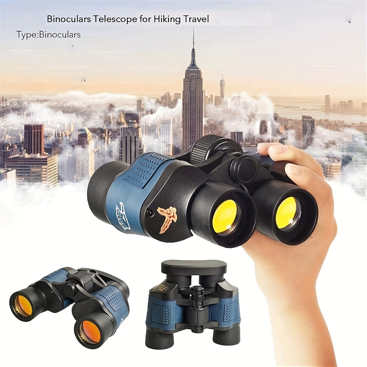 Compact black binoculars held in two hands